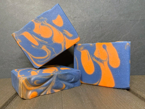 texas beer soap for sale handmade in texas by texans with Sabroconut Island beer from saint Arnold brewing company blue and orange beer soap for him by spunkndisorderly craft beer soaps cold process orange and blue swirl beer soap