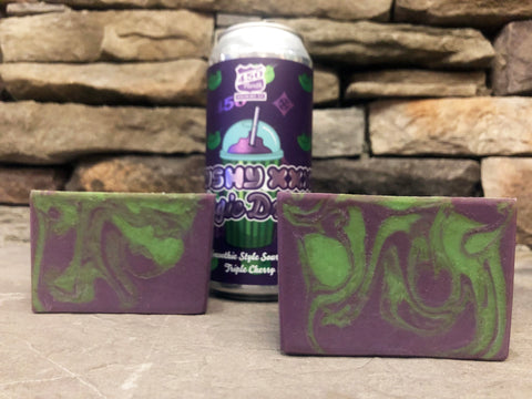 450 north brewery beer soap handcrafted in Indiana with magic dragon slushy xxxl smoothie style triple cherry sour beer from 450 North Brewing Company in Columbus Indiana purple and green beer soap cherry beer soap for sale purple and green swirl beer soap by spunkndisorderly craft beer soaps