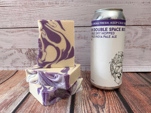 purple and white craft beer soap handmade with ddh double space boots beer from more brewing company villa park Illinois craft brewery tangerine soap for him double dry hopped double India pale ale craft beer