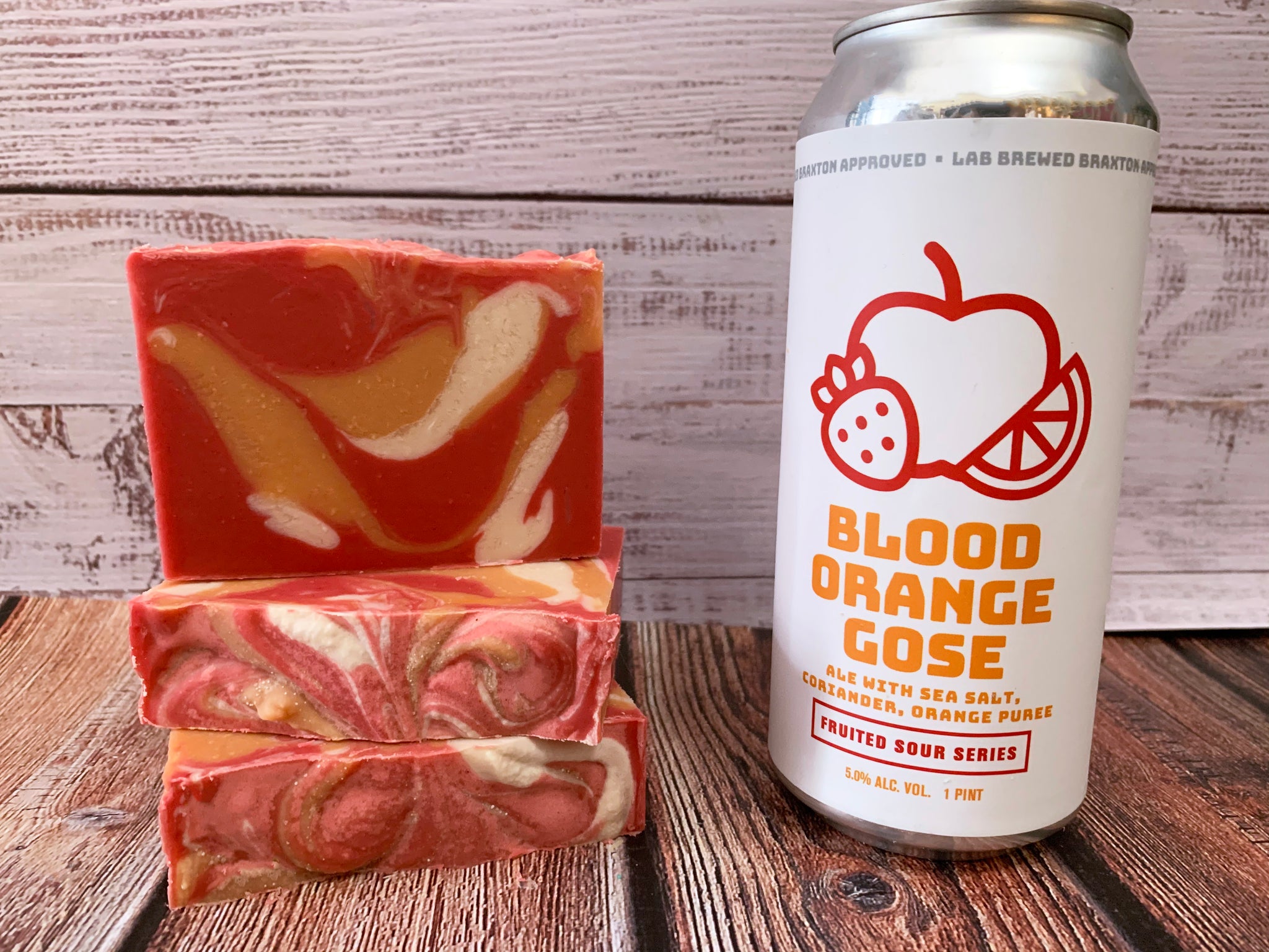 red and orange blood orange Gose beer soap handmade beer soap made with beer from Braxton brewing company Braxton lab beer soap