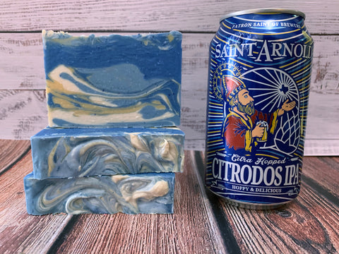 blue white and tan craft beer soap handmade in texas with Citra hopped Citrodos IPA craft beer from Saint Arnold brewing company houston texas craft brewery beer soap for him spunkndisorderly craft beer soaps