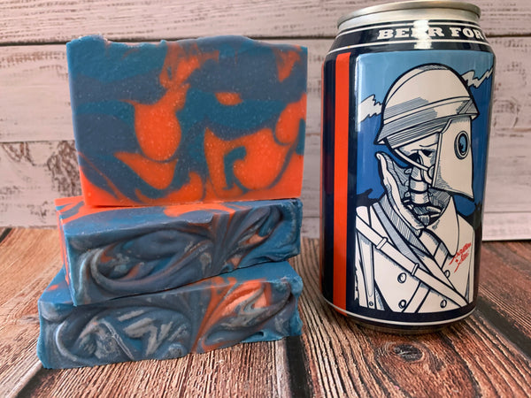 orange and blue craft beer soap handmade in texas with le mort vivant farmhouse ale craft beer from southern star brewing company spunkndisorderly soaps
