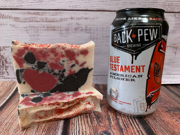 red black and white craft beer soap handmade in texas with blue testament American pilsner beer from back pew brewing porter texas craft brewery activated charcoal beer soap for him spunkndisorderly
