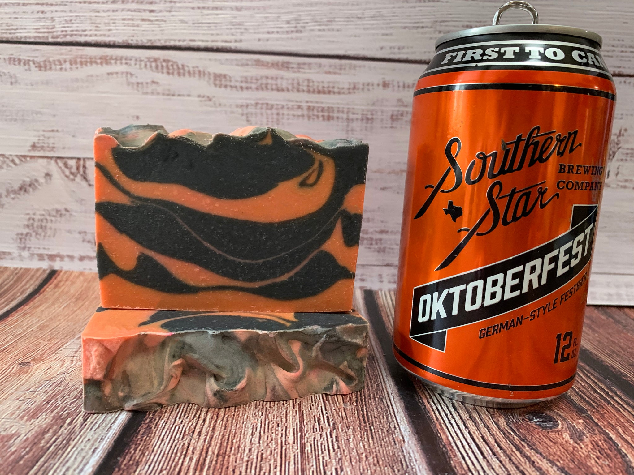 orange and black craft beer soap handmade in texas with Oktoberfest German style festbier from southern star brewing company conroe texas craft brewery spunkndisorderly pumpkin soap 
