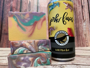 yellow pink red purple and teal craft beer soap handmade with jerk face India pale ale from Stellwagen Beer Company marshfield Massachusetts craft brewery spunkndisorderly cold process beer soap 