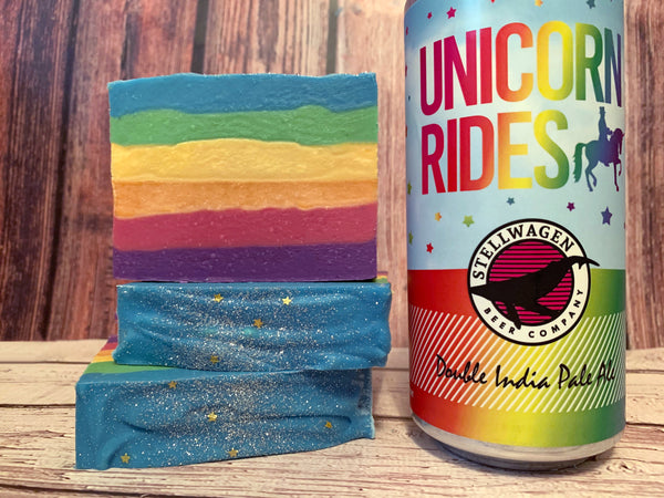 rainbow unicorn beer soap handmade with unicorn rides double India pale ale craft beer from stellwagen beer company marshfield Massachusetts craft brewery rainbow soap with eco glitter spunkndisorderly craft beer soap