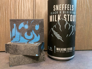 Texas beer soap handmade in Texas with sneffels black & blueberry milk stout beer from walking stick brewing company Houston Texas craft brewery blue and black soap for him with activated charcoal beer soap spunkndisorderly blueberry soap blueberry beer soap