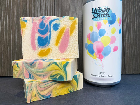 texas seltzer soap handmade in texas with lifted pineapple cotton candy hard seltzer from urban south brewery htx Houston texas craft brewery texas craft beer soap pink white blue and yellow beer soap pineapple seltzer soap spunkndisorderly artisan seltzer soap
