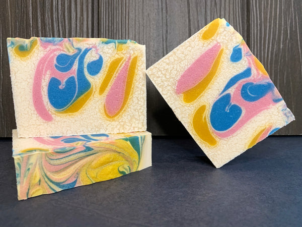 colorful seltzer soap white pink blue yellow soap cold process drop swirl seltzer soap hard seltzer soap handmade in texas spunkndisorderly soaps pineapple soap handmade with lifted hard seltzer from urban south brewery
