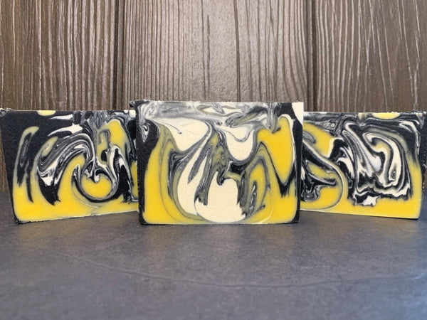 yellow black and white beer soap handmade in texas with texas craft beer from pappy slokum brewing co texas craft brewery  spunkndisorderly craft beer soap for him with activated charcoal cold process drop swirl