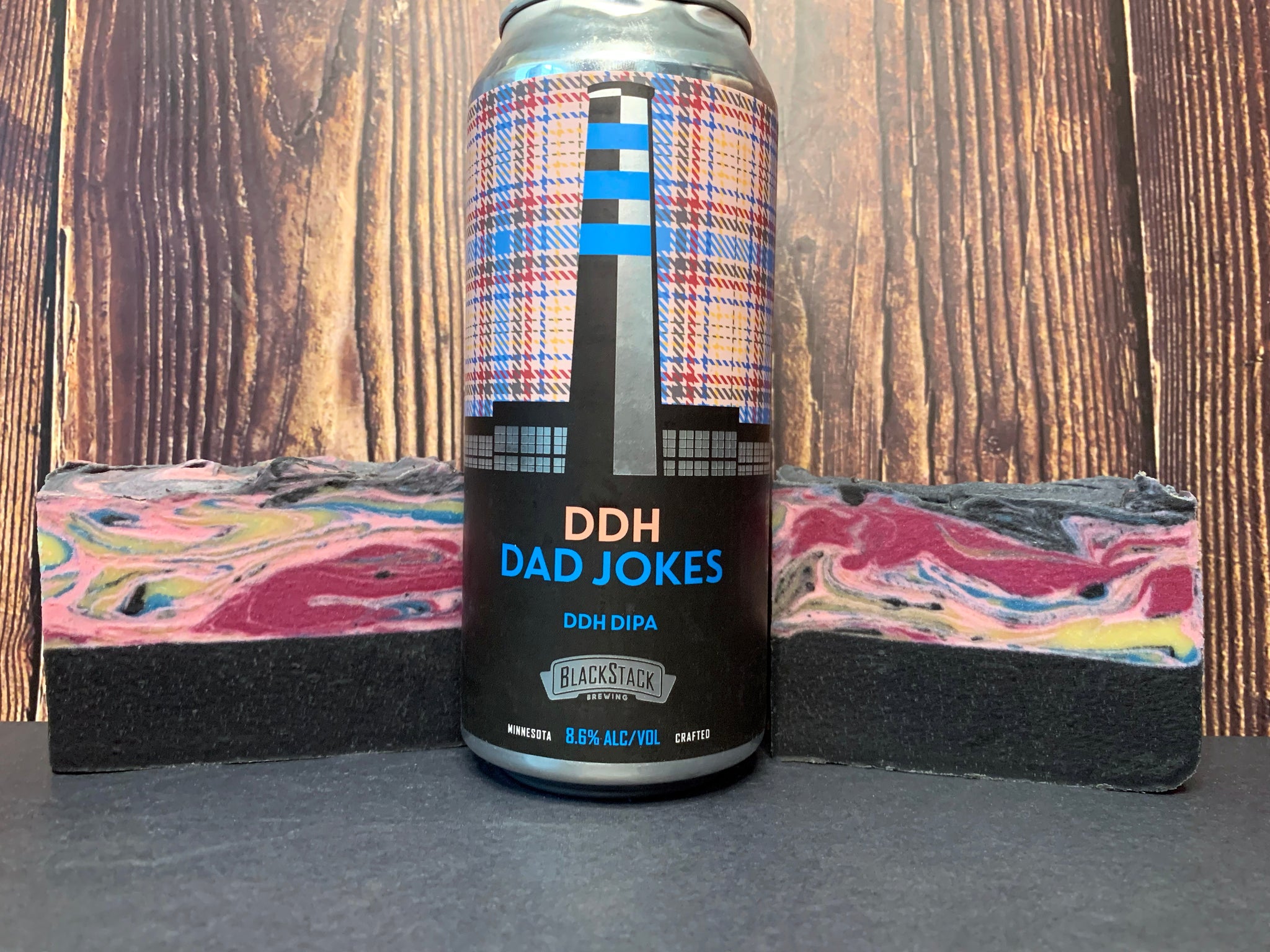 Minnesota beer soap handmade with Dad Jokes DDH DIPA from BlackStack Brewing St. Paul Minnesota craft brewery craft beer soap for him with activated charcoal colorful and black beer soap for him spunkndisorderly beer soap