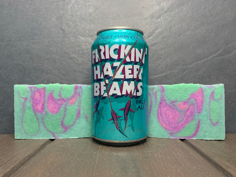 Oklahoma beer soap handcrafted with frickin hazer beams pale ale Oklahoma craft beer from roughtail brewing company Oklahoma brewery teal pink and purple beer soap by spunkndisorderly craft beer soap for sale
