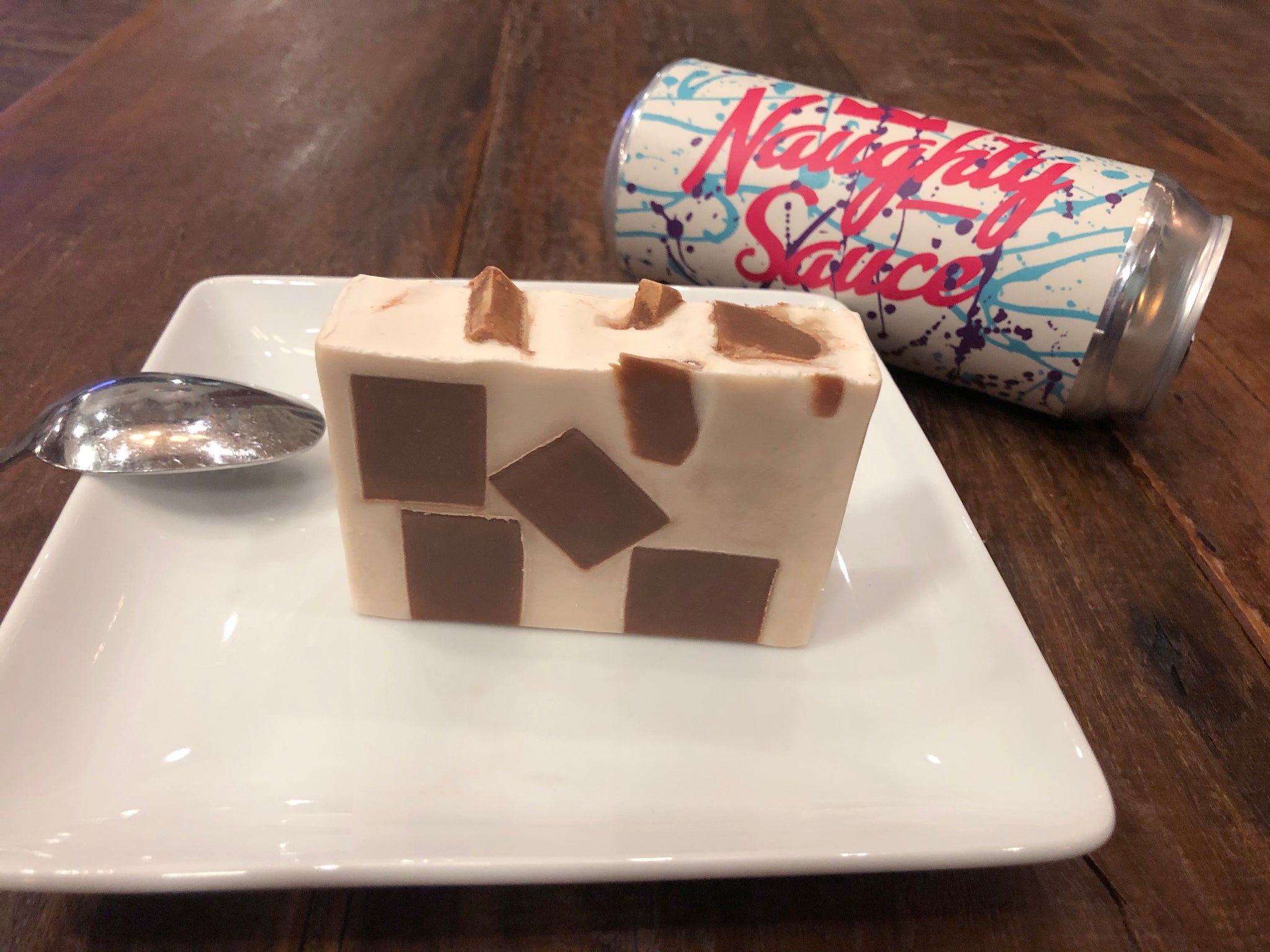 California beer soap handcrafted by spunkndisorderly craft beer soaps with naughty sauce: cinnamon roast crunch golden milk stout California craft beer from noble ale works Anaheim brewery Cinnamon Toast Crunch beer soap white with brown cereal squares cinnamon beer soap