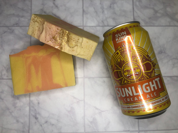 Indiana beer soap handmade in Indiana with sunlight cream ale craft beer from sun king brewing Indianapolis Indiana craft brewery yellow and orange beer soap for him dusted with gold artisan soap by spunkndisorderly craft beer soap
