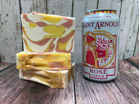 pink yellow and white craft beer soap handmade in texas with rose cider from Saint Arnold brewing company houston texas craft brewery rose all day craft cider soap for her spunkndisorderly