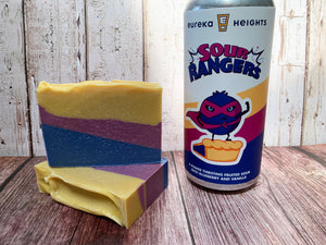 blue purple yellow craft beer soap handmade in texas with sour rangers craft beer blueberry and vanilla from eureka heights brewing company houston texas craft brewery beer soap