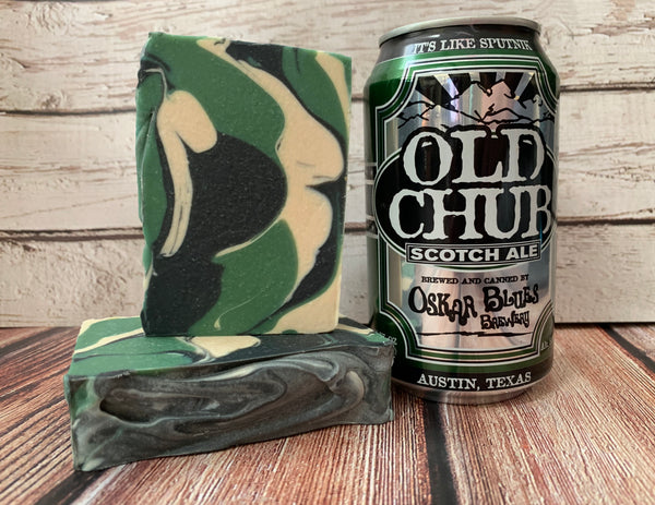 black white and green beer soap handmade in texas with old chub scotch ale from Oskar blues brewery Austin texas craft brewery craft beer soap for him with activated charcoal spunkndisorderly craft beer soap