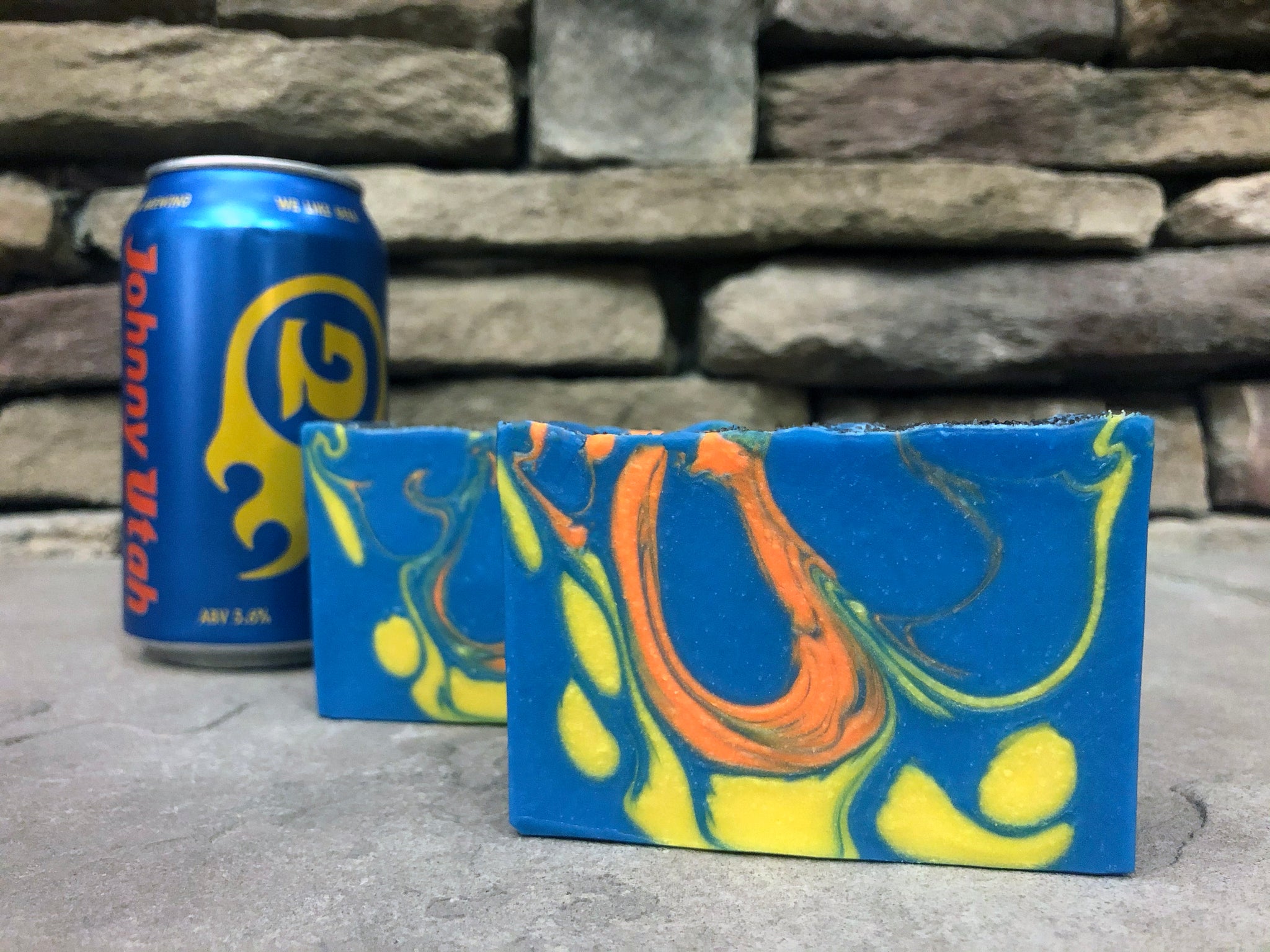 blue yellow and orange craft beer soap handmade with Johnny Utah pale ale from Georgetown brewing company Seattle Washington craft brewery beer soap for him spunkndisorderly craft beer soap