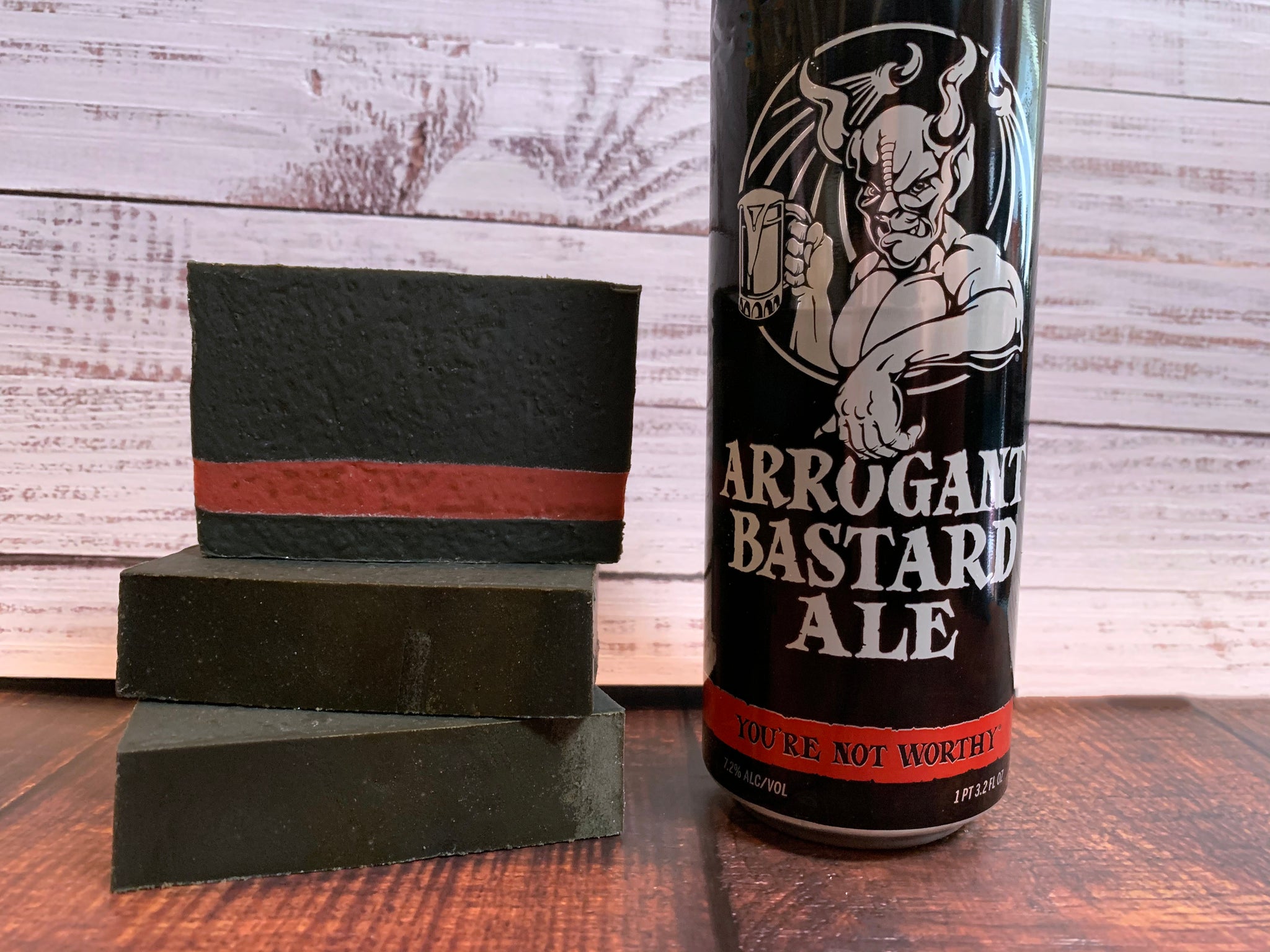 craft beer soap handmade with arrogant bastard ale from arrogant consortia Escondido California craft brewery beer soap for him with activated charcoal black and red artisan soap
