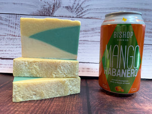 cider soap handmade in texas with mango habanero cider from bishop cider co. Dallas texas cidery yellow and green soap 
