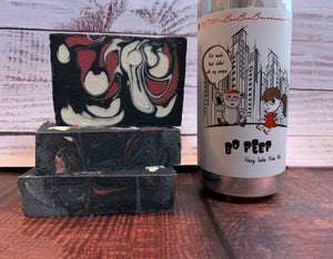 craft beer soap for her handmade in texas with bo peep beer from baa baa brewhouse houston texas craft brewery hazy India pale ale beer red black and white soap with activated charcoal 