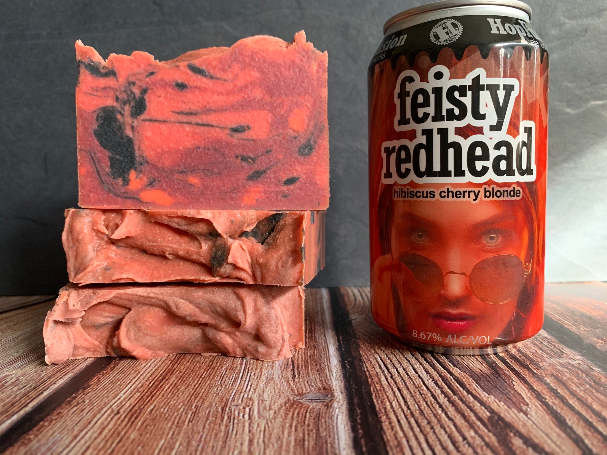 craft beer soap handmade in texas with feisty redhead hibiscus cherry blonde ale from HopFusion ale works Fort Worth texas craft brewery spunkndisorderly craft beer soap for her red and black craft beer soap
