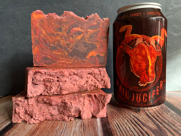 red orange and black craft beer soap handmade in texas with hail jucifer NEIPA from roughtail brewing company Oklahoma City Oklahoma craft brewery beer soap for him with activated charcoal spunkndisorderly artisan soap