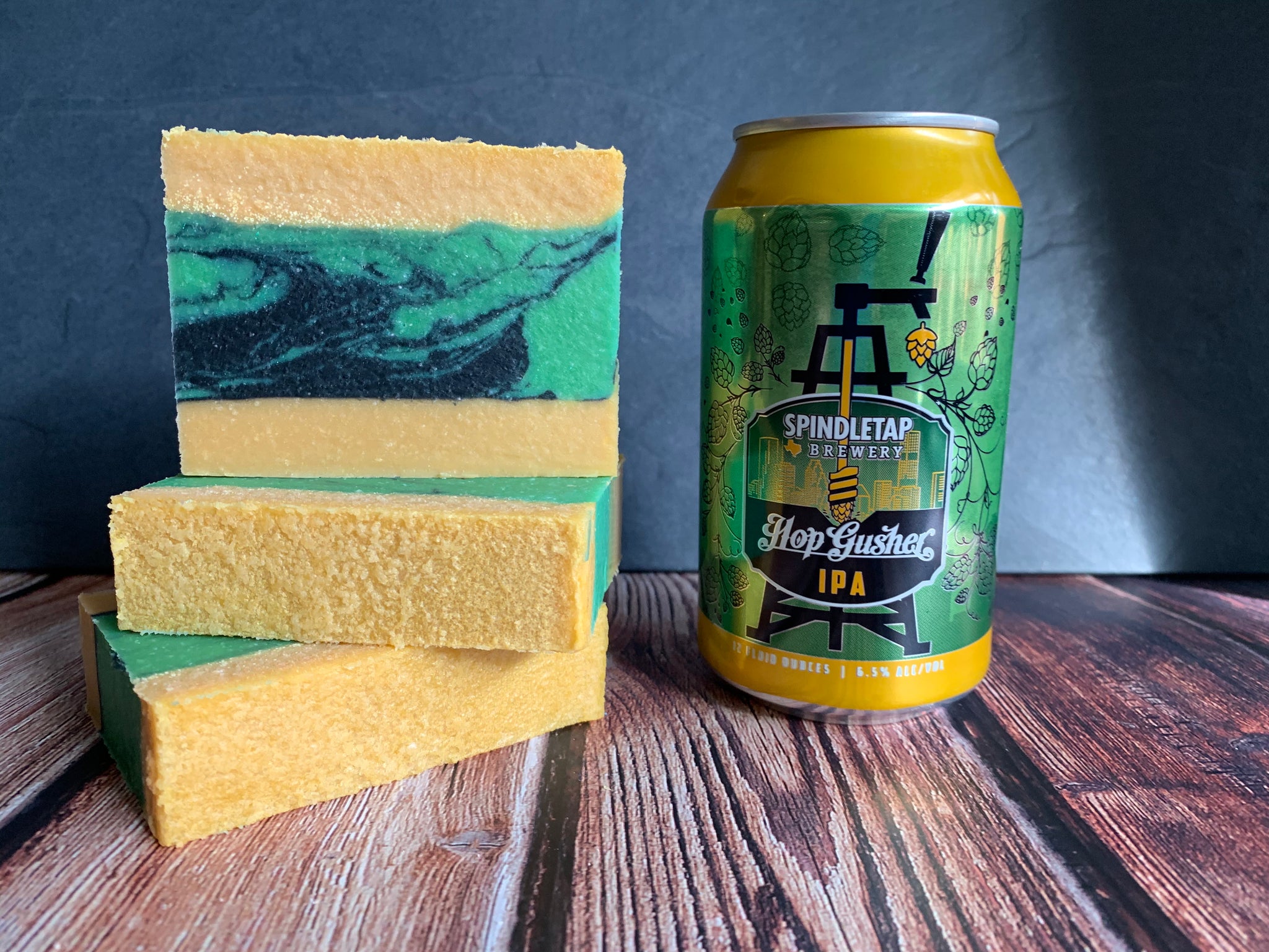yellow black green craft beer soap handmade in texas with hop gusher ipa from Spindletap Brewery houston texas craft brewery craft beer soap for him with activated charcoal lemon essential oil spunkndisorderly soaps