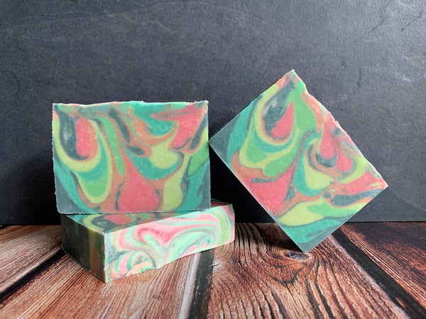 artisan beer soap handmade with cloud curtain beer from mountains walking brewery Bozeman Montana craft brewery handmade soap with essential oils beer soap for her pink and green swirl soap spunkndisorderly