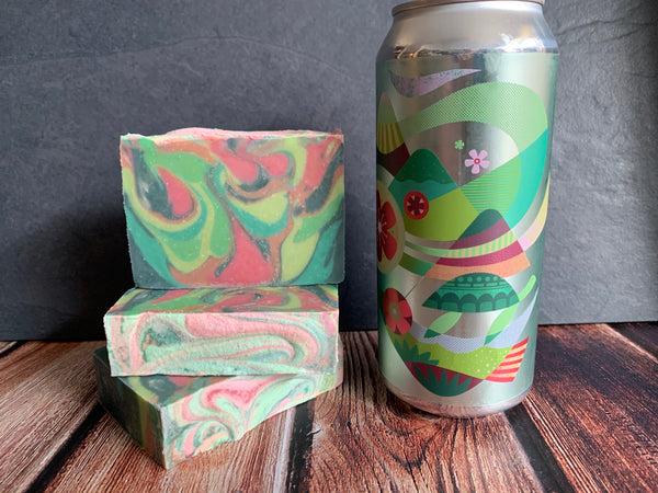 craft beer soap handmade with cloud curtain dipa craft beer from mountains walking brewery Bozeman Montana craft brewery pink and green beer soap made with essential oils