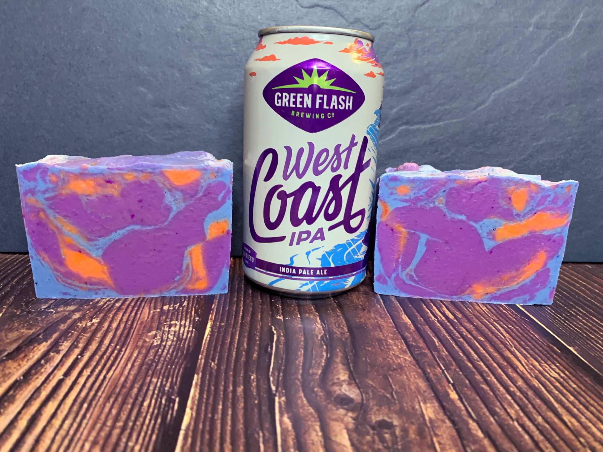 craft beer soap handmade in texas with west coast ipa India pale ale beer from green flash brewing co San Diego California craft brewery purple orange and blue soap floral craft beer soap for her