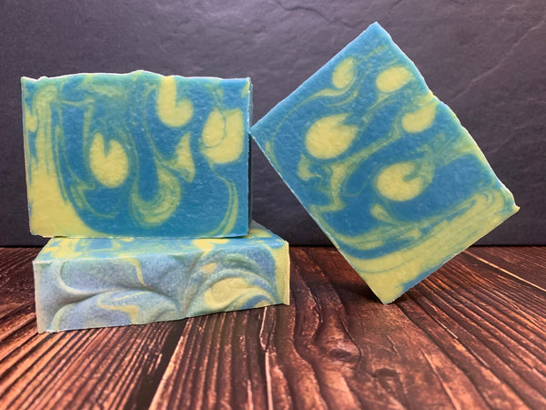 yellow and blue swirl craft beer soap handmade in texas with boomtown blonde ale craft beer from Spindletap Brewery houston texas craft brewery handmade soap spunkndisorderly
