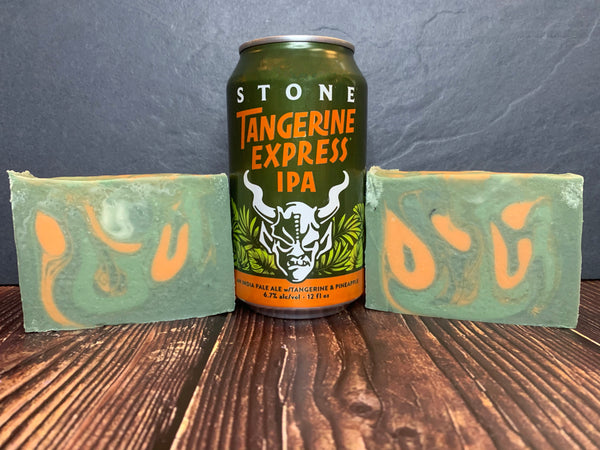 green and orange craft beer soap handmade with tangerine express ipa from stone brewing escondido california craft brewery sweet orange essential oil soap for him with activated charcoal spunkndisorderly