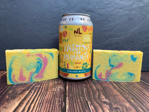 craft beer soap handmade in texas with passion for humanity craft beer from no label brewing company sour passionfruit beer soap yellow pink and blue tropical beer soap spunkndisorderly