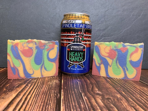 red yellow blue green craft beer soap handmade in texas with heavy hands dipa from Spindletap Brewery houston texas craft brewery spunkndisorderly soaps beer soap for him leather soap