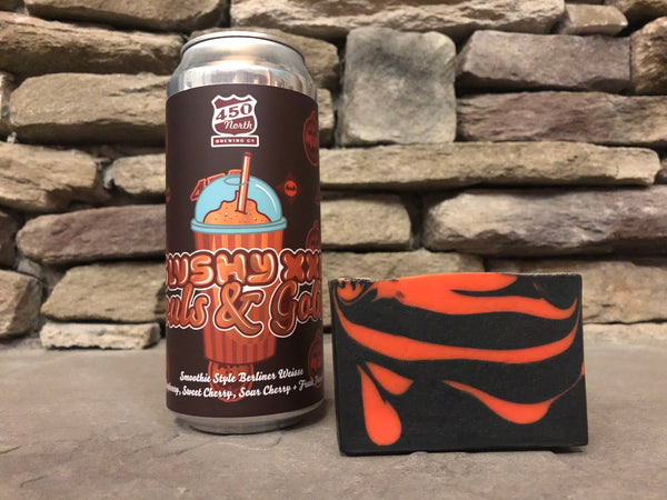 craft beer soap for him with activated charcoal handmade in indiana with ghouls and goblins slushy xxl craft beer from 450 north brewing company Columbus craft brewery spunkndisorderly orange and black cold process soap