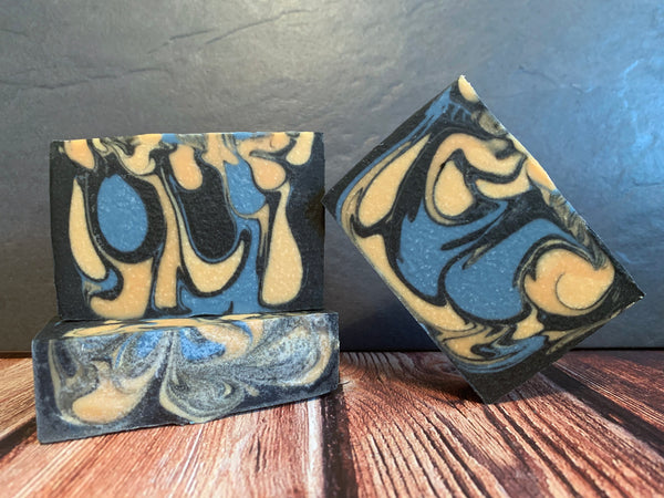 black blue yellow swirl craft beer soap handmade in texas with lucky number seven sparkling ipa from community beer co Dallas texas craft brewery artisan soap spunkndisorderly