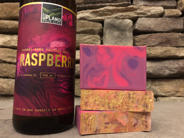 craft beer soap handmade in indiana with barrel aged raspberry fruited sour ale from upland brewing company  Bloomington indiana craft brewery pink and purple craft beer soap for her spunkndisorderly