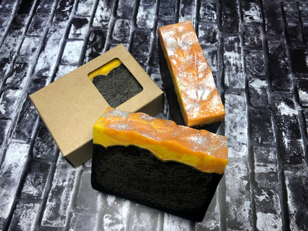 artisan soap handmade in indiana with when the lights go out coffee porter craft beer from sun king brewing indiana craft brewery craft beer soap with activated charcoal black orange and yellow soap for him
