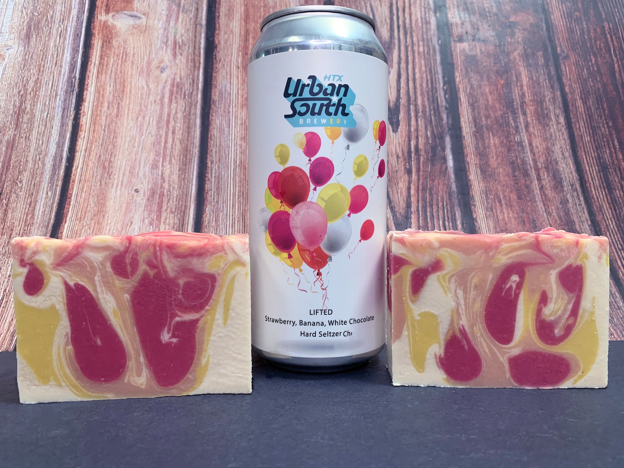 craft seltzer soap yellow red and pink seltzer soap for her handmade in texas with lifted strawberry banana white chocolate hard seltzer from urban south htx brewery houston texas craft brewery spunkndisorderly craft beer soap handmade cold process soap spunkndisorderly