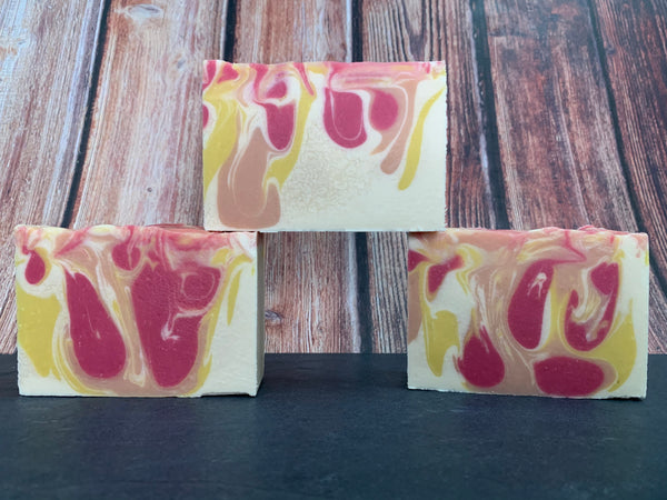 handmade cold process soap hard seltzer soap handmade in texas with lifted strawberry banana white chocolate seltzer from urban south brewery htx urban south htx houston texas craft brewery red yellow white and tan craft seltzer soap spunkndisorderly