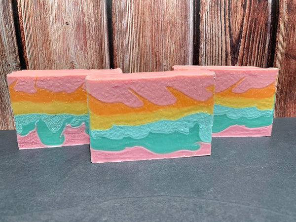 artisan cold process soap craft beer soap handmade with rainbow sherbet craft beer from prairie artisan ales mcalester Oklahoma craft brewery fruity craft beer soap for her pastel pink orange yellow and teal soap spunkndisorderly