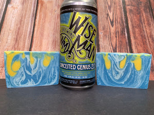 blue and yellow craft beer soap handmade in texas with conceited genius 2.0 ipa craft beer from wise man brewing Winston-Salem North Carolina craft brewery craft beer soap for him by spunkndisorderly craft beer soaps