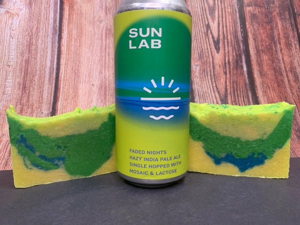 yellow green and blue craft beer soap handmade in texas with faded nights hazy India pale ale from sun lab brewing beachy beer soap cold process beer soap spunkndisorderly hazy ipa