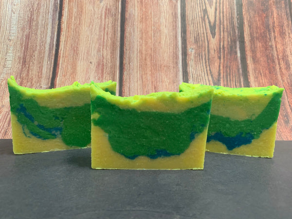yellow green and blue beer soap cold process soap handmade in texas craft beer soap cold process beer soap made with faded nights hazy ipa from sun lab brewing miami Florida craft brewery artisan soap spunkndisorderly craft beer soaps