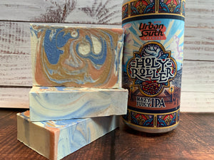 tan white and blue craft beer soap handmade in texas with holy roller hazy ipa from urban south brewery htx houston texas craft brewery beer soap for him spunkndisorderly handmade soaps