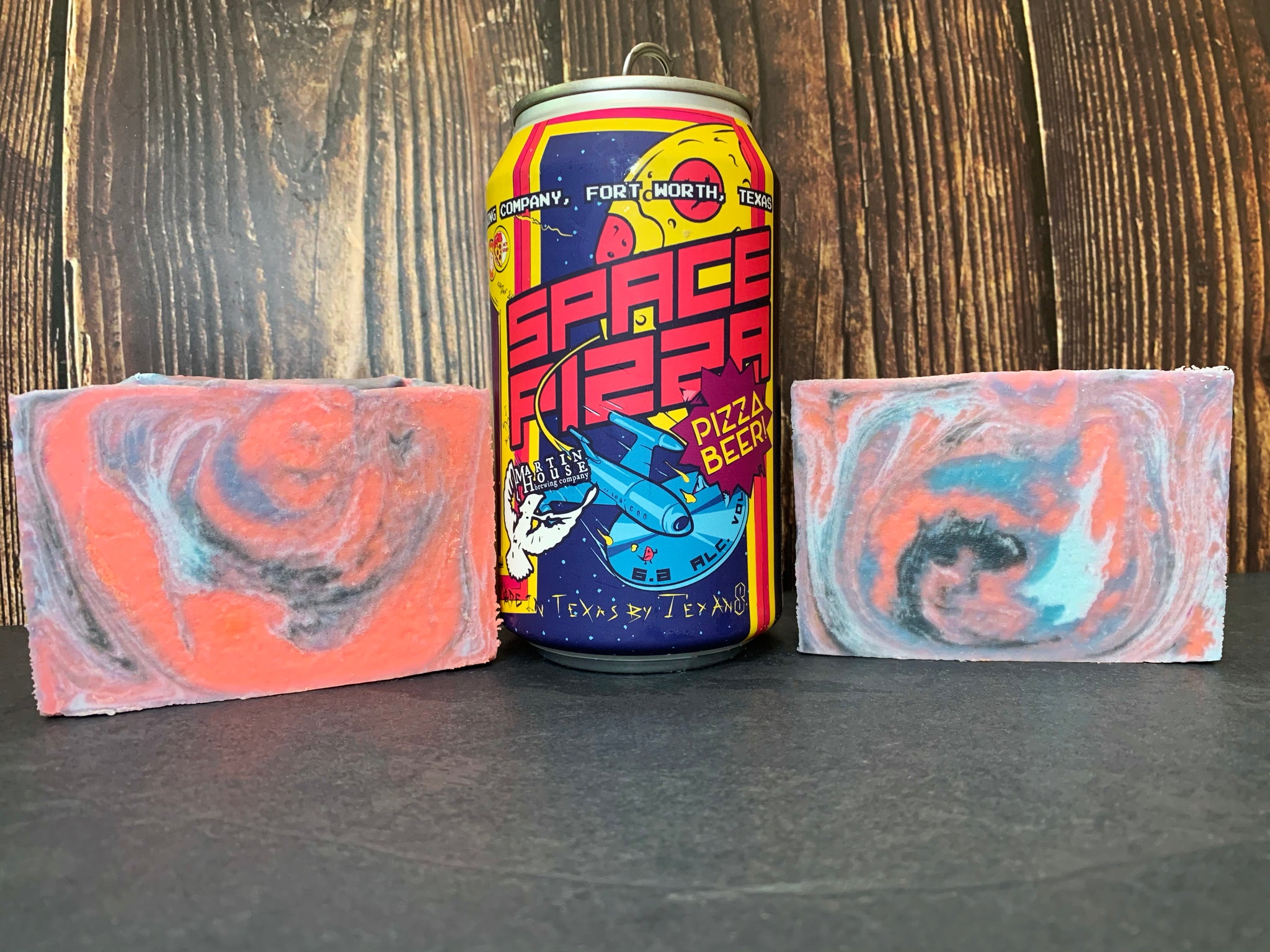 handmade craft beer soap handmade in Texas with space pizza beer from Martin house brewing company Fort Worth Texas craft brewery pizza beer soap pink and blue craft beer soap for him artisan soap spunkndisorderly craft beer soaps