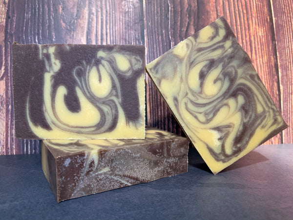 banana bread beer soap handmade with banana bread ale from eagle brewery Bedford England craft brewery spunkndisorderly handmade soap brown and yellow swirl banana bread beer soap for him spunkndisorderly.com craft beer soap