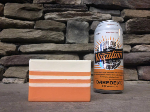 Indiana beer soap handmade in Indiana with vacation kolsch craft beer from daredevil brewing co Indianapolis Indiana craft brewery orange and white striped beer soap for him spunkndisorderly artisan beer soap