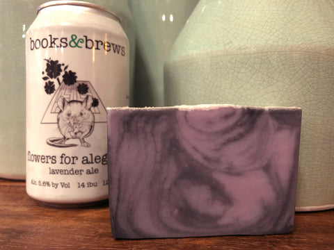 Indiana beer soap craft beer soap handmade in Indiana with flowers for Algernon lavender ale from books and brews craft brewery purple and black beer soap with activated charcoal lavender extract soap artisan soap spunkndisorderly beer soap